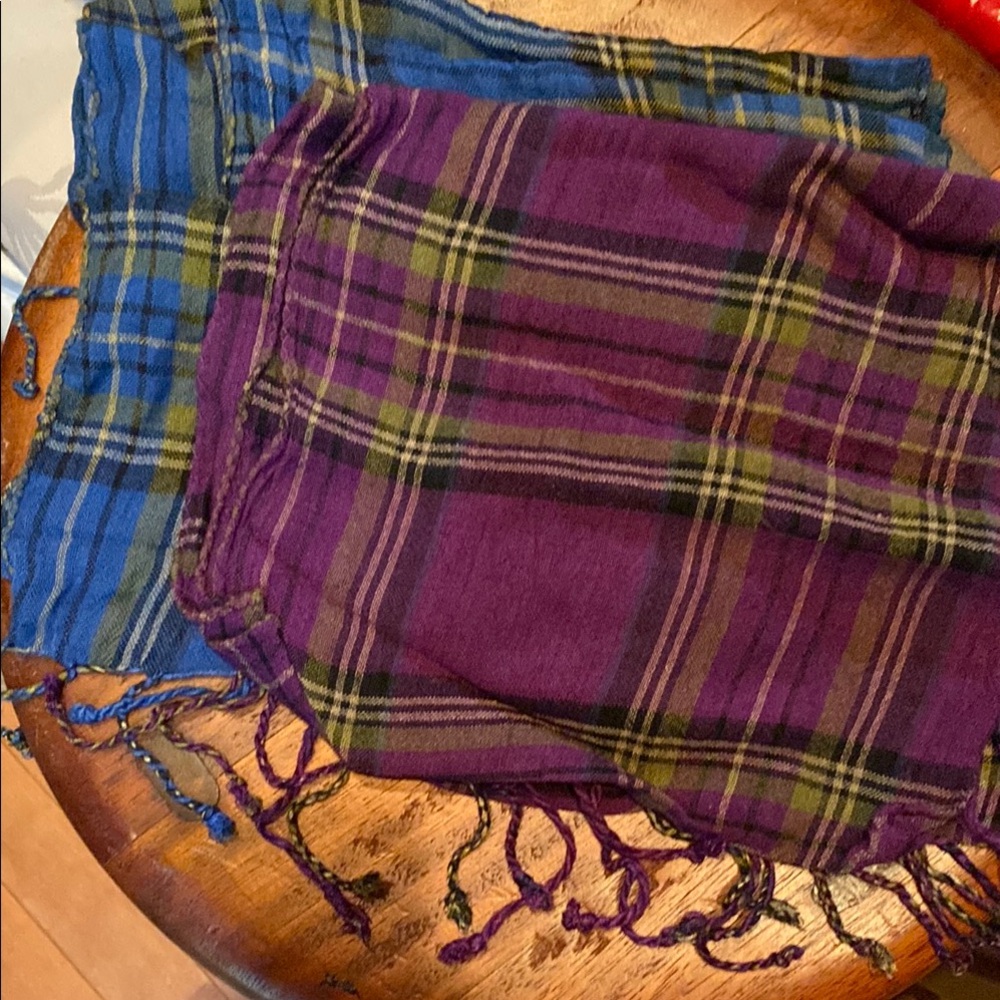 Plaid Fringe Scarves - Blue and Purple
